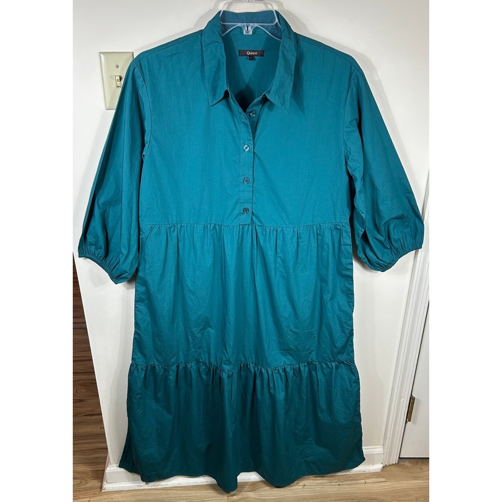 Quince Poplin Tunic Dress Womens L Garden Green Midi Organic Cotton Tiered BOHO